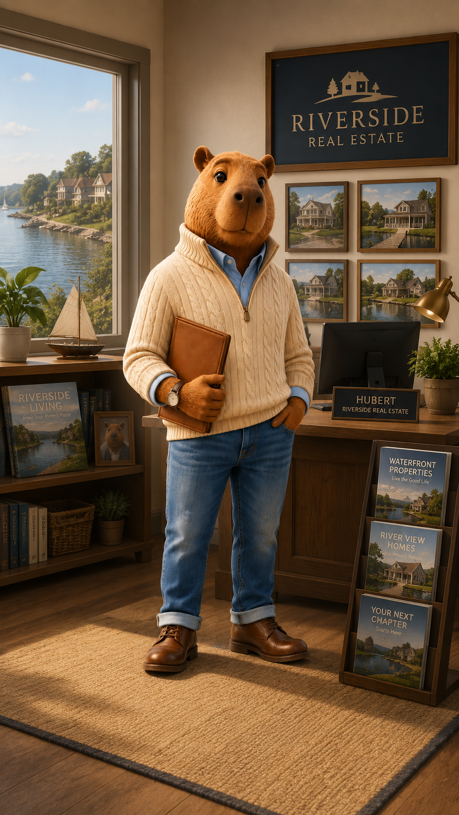 Hand-illustrated portrait of Hubert Capivara — a dignified capybara in a tweed jacket, looking calmly at the viewer.