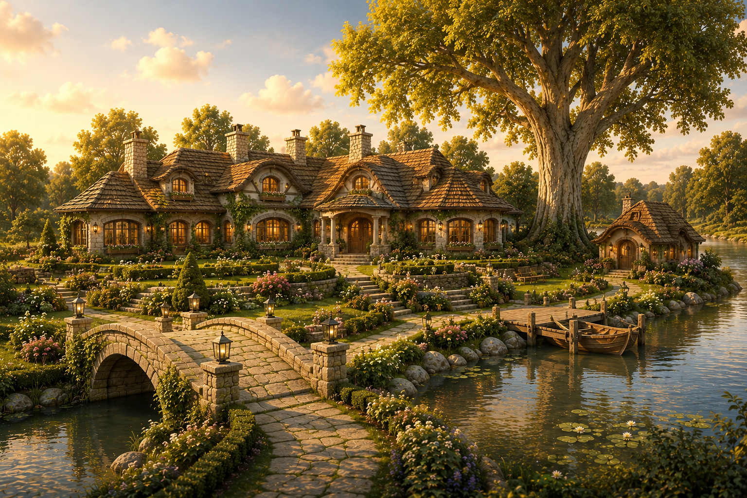 Hand-illustrated view of The Otter's Reach Estate — a stately low-slung home with multiple connected chambers, formal gardens, a separate guest burrow to one side, mist rising faintly from a large still wallow.