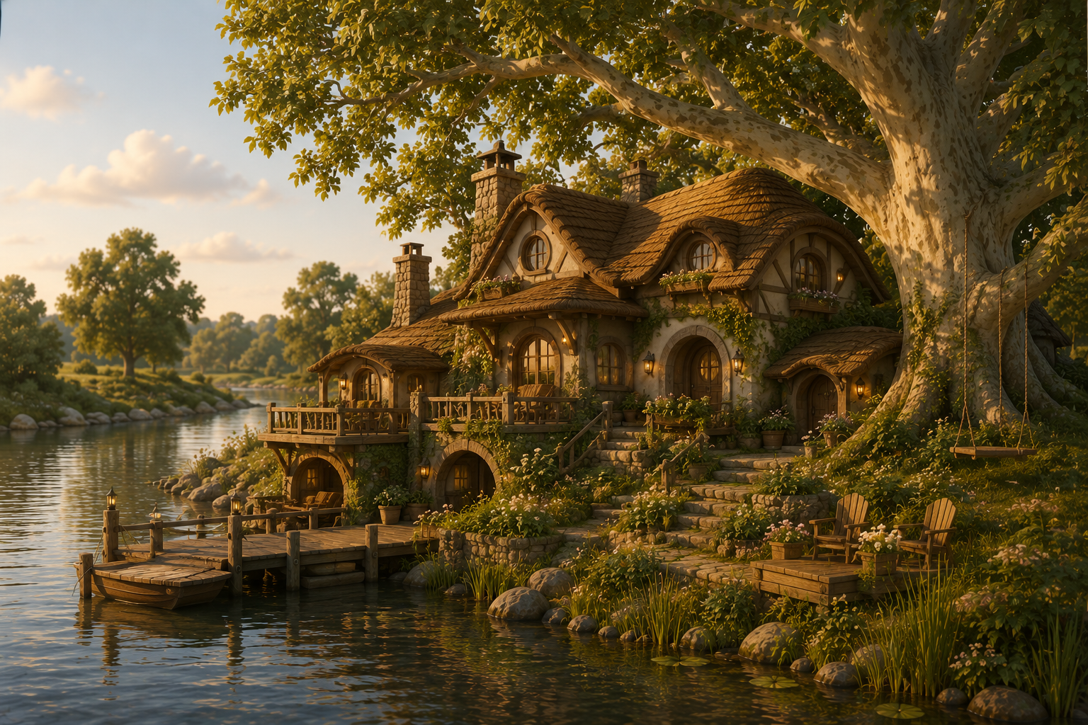Hand-illustrated view of The Sycamore Landing House — a broad multi-chambered riverside home with a thatched roof, a sycamore tree to one side, a wooden dock extending into calm water, soft late-afternoon light.