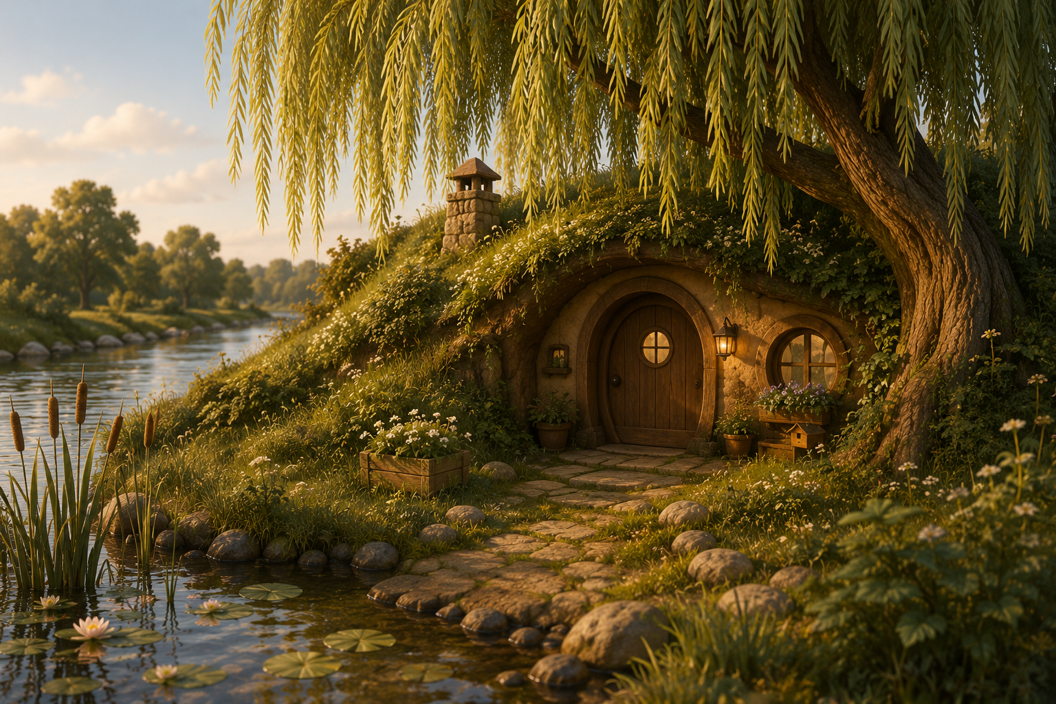 Hand-illustrated view of The Willow Bend Burrow — a modest two-chamber riverbank home, willows shading the south entrance, a small reed-fringed wallow in the foreground, warm afternoon light.